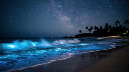 Night sky with stars and the milky way over the ocean.