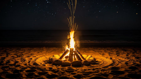 Bonfire on the beach at night with stars in the sky.