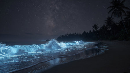 Wave on the beach at night. Long exposure