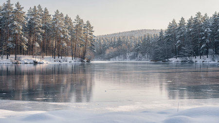 Frozen lake in the winter forest. Beautiful winter landscape with frozen river.