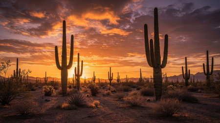 Sunset over Saguaro National Park, Arizona, USA.