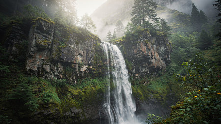 Waterfall in the misty forest. Summer landscape in the mountains.