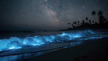 Fantastic starry sky over the ocean. Long exposure.