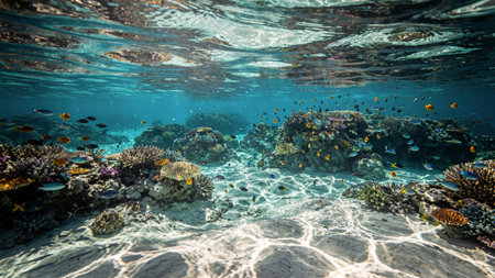 Underwater view of coral reef with hard corals and tropical fish