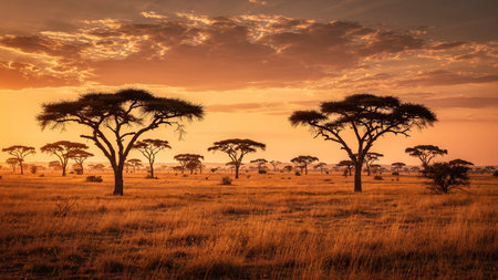 African savannah with acacia trees at sunset, Kenya, Africa