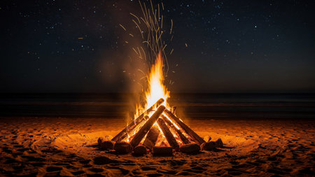 Bonfire on the beach at night with stars in the sky.