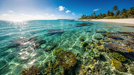 Beautiful tropical beach with coral reef and turquoise sea water at sunset