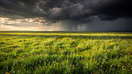 Storm clouds over a green field with wildflowers in summer.