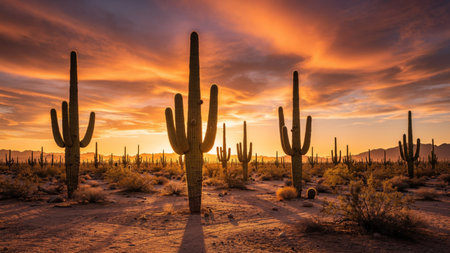 Saguaro National Park at sunset in Arizona, United States.