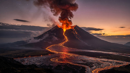 Volcanic eruption in Kamchatka, Russia. View of Kamchatka Volcano.