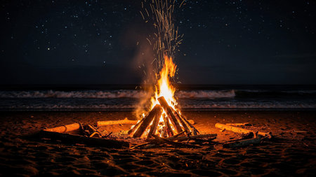 Bonfire on the beach at night with starry sky in the background