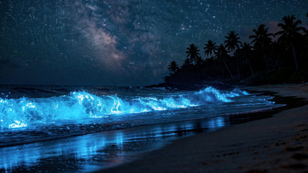 Night starry sky with milky way over the sea. Tropical landscape