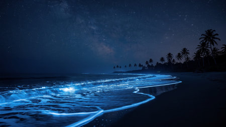 Night view of the beach with starry sky and milky way
