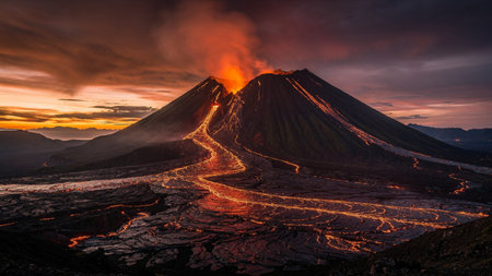 Bromo volcano eruption at sunrise, Java island, Indonesia.