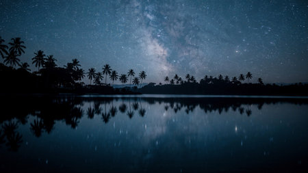 Milky Way over the lake at night with silhouette of coconut trees