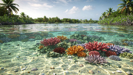 Tropical coral reef and water surface at Seychelles