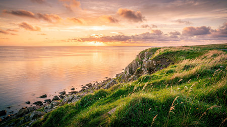 Sunset over the cliffs on the Jurassic Coast in Dorset, UK