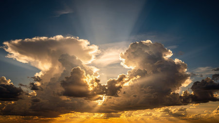 Sunset sky with clouds and sunbeams. Nature background.