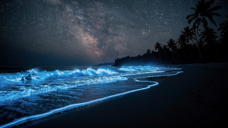Surf wave on the beach with starry sky and milky way