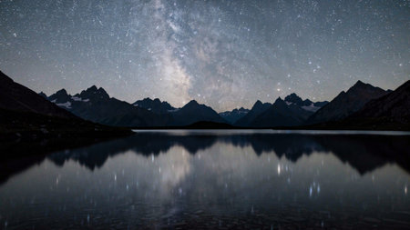 Milky way over the mountain lake at night with starry sky