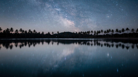 Milky Way over a lake with palm trees and starry sky