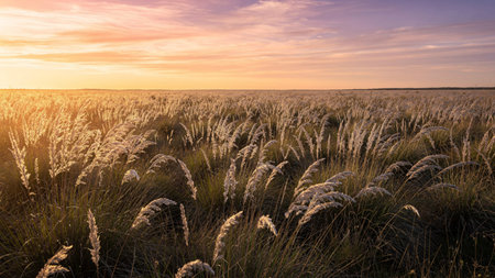 Sunset over the meadow with tall grasses in the foreground