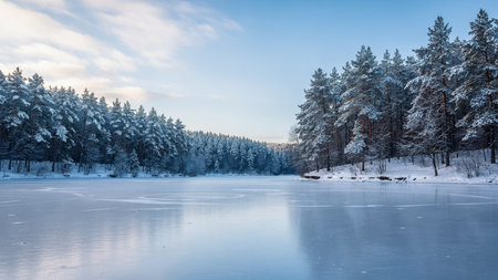 Beautiful winter landscape with frozen lake and pine forest at sunset.