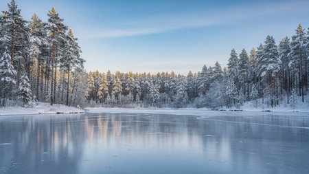 Frozen lake in the winter forest. Beautiful winter landscape with frozen lake.