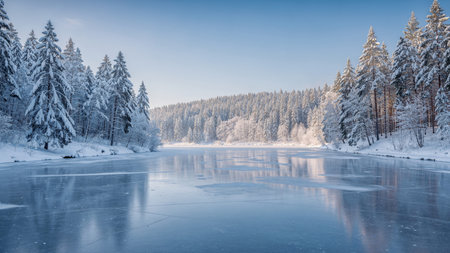 Frozen lake in winter forest. Panoramic view of frozen lake.