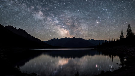 Milky way over mountain lake with reflection in water at night.