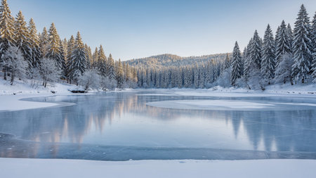 Winter landscape with frozen lake and coniferous forest in the mountains