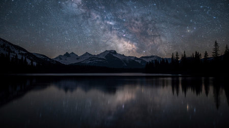 Milky way over mountain lake at night with stars and milky way