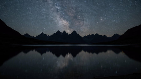 Milky Way over a lake with mountains reflected in water.