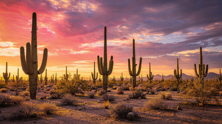 Saguaro National Park, Arizona, USA. Sunset over Saguaro National Park.