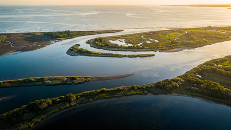 Aerial view of the estuary of the Baltic Sea in Poland