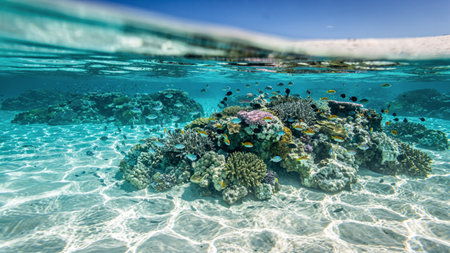 Underwater view of coral reef with fishes and corals in tropical sea
