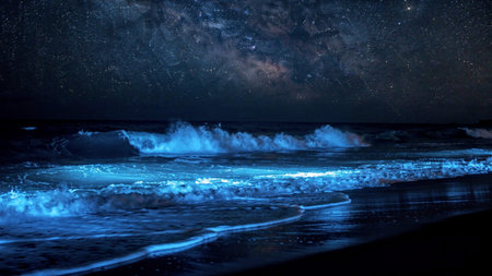 Night sky with stars and clouds over ocean.