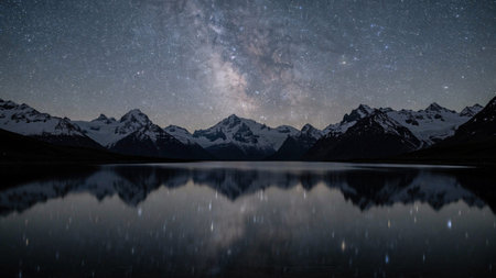 Milky Way over the mountain lake with reflection on the water surface