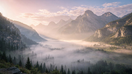 Foggy morning in the Dolomites, Italy. Panorama
