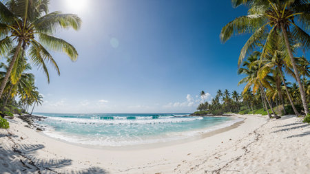 Panoramic view of beautiful tropical beach with palm trees and white sand