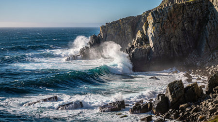 Panoramic view of a stormy Atlantic ocean waves breaking on a rocky coastline.