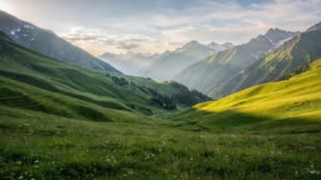 Panoramic view of green grassland in the mountains. Beautiful summer landscape.