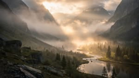 Panoramic view of a mountain lake in the morning mist.