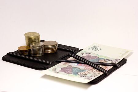 Wallet with bills and coins