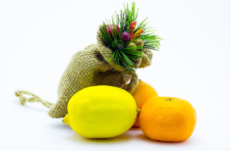Lemon, tangerine and New Year's bagの写真素材