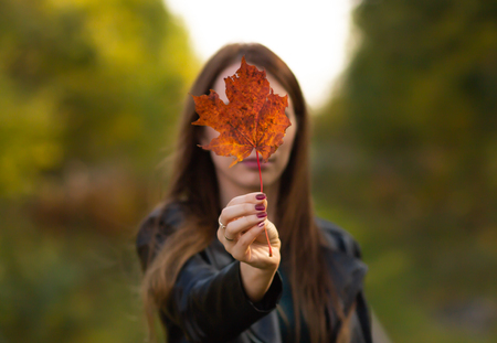 Young beautiful woman in autumn park holds a maple leaf