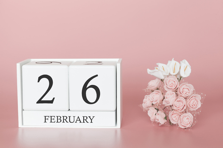 February 26th. Day 26 of month. Calendar cube on modern pink background, concept of bussines and an importent event.の写真素材