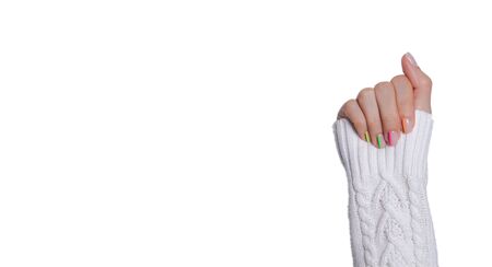 Multicolored modern manicure, nail design. Summer mood, on isolated white background.の写真素材