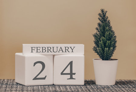 Desk calendar for use in different ideas. Winter month - February and the number on the cubes 24. Calendar of holidays on a beige solid background.の写真素材
