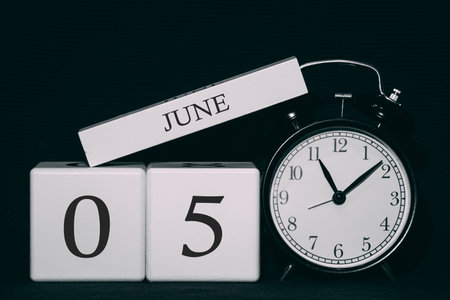 Important date and event on a black and white calendar. Cube date and month, day 5 June. Summer season.の写真素材